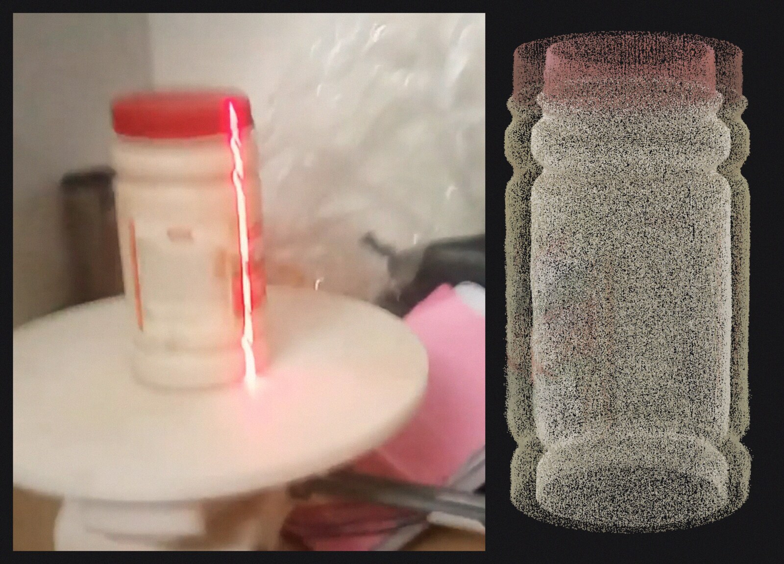 The jar under the laser line beside its finished point cloud rendered from insane.ply