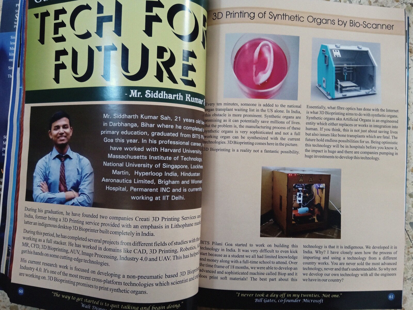 A magazine spread featuring BioP: the project story on one page, the CAD render and the real machine on the other